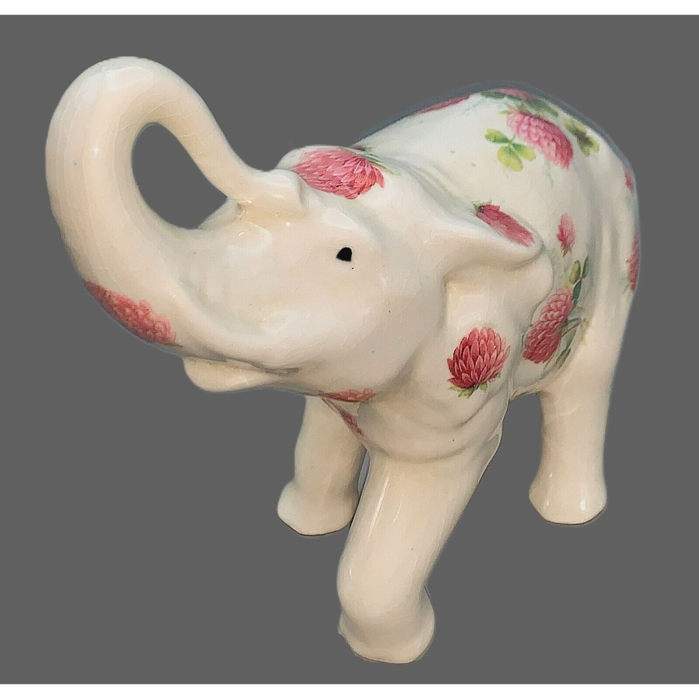 Cottage Granny Core Pink Thistle Flowers ELEPHANT Trunk Up Vtg Figurine 6" x 8" - Picture 3 of 12